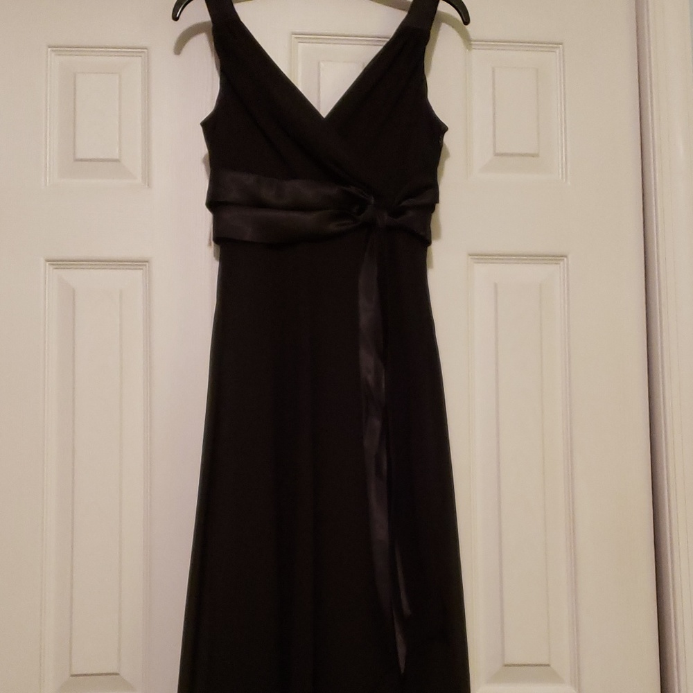 Evening gown long black sheer w/ satin bow belt